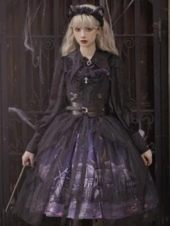 Gothic Lolita JSK Dress 3-Piece Set Polyester Cummerbund Cover-Up Jumper Black Lolita Jumper Skirt -AYA Cosplay Shop 202110270910280293650