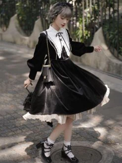 Lolita Dress 2-Piece Set Polyester Accessory Long Sleeves Ruffles Black Lolita Jumper Skirt -AYA Cosplay Shop 202110270910480636866