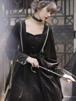 Lolita Dress 2-Piece Set Polyester Accessory Long Sleeves Ruffles Black Lolita Jumper Skirt -AYA Cosplay Shop 202110270910490635976