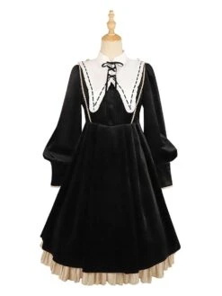 Lolita Dress 2-Piece Set Polyester Accessory Long Sleeves Ruffles Black Lolita Jumper Skirt -AYA Cosplay Shop 20211027091050305738