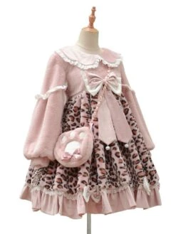 Sweet Lolita Dress Polyester Long Sleeves Bows Ruffles Polyester Pink Lolita Dress -AYA Cosplay Shop 202111051344039521933