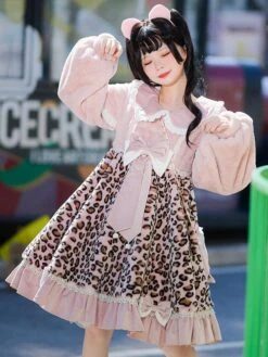 Sweet Lolita Dress Polyester Long Sleeves Bows Ruffles Polyester Pink Lolita Dress -AYA Cosplay Shop 202111051344052562835