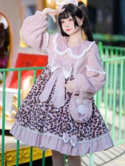 Sweet Lolita Dress Polyester Long Sleeves Bows Ruffles Polyester Pink Lolita Dress -AYA Cosplay Shop 2021110513440593574
