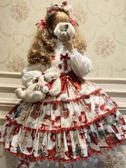 Sweet Lolita JSK Dress Polyester Sleeveless Bows Lace Up Red Sweet Lolita Jumper Skirt