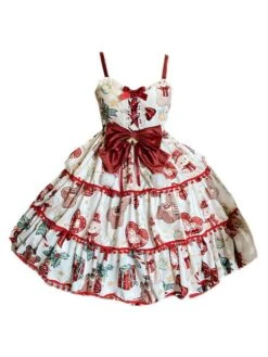 Sweet Lolita JSK Dress Polyester Sleeveless Bows Lace Up Red Sweet Lolita Jumper Skirt -AYA Cosplay Shop 202111121424563706730