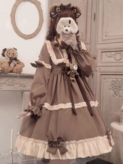 Sweet Lolita OP Dress Polyester Long Sleeves Ruffles Bows Brown Lolita One Piece Dress -AYA Cosplay Shop 202111181441082356723
