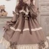 Sweet Lolita OP Dress Polyester Long Sleeves Ruffles Bows Brown Lolita One Piece Dress -AYA Cosplay Shop 202111181441090425585