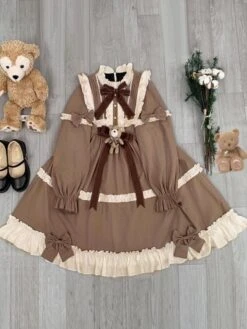 Sweet Lolita OP Dress Polyester Long Sleeves Ruffles Bows Brown Lolita One Piece Dress -AYA Cosplay Shop 202111181441096982433