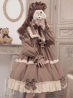 Sweet Lolita OP Dress Polyester Long Sleeves Ruffles Bows Brown Lolita One Piece Dress -AYA Cosplay Shop 202111181441100076665