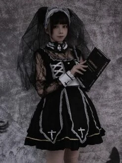Gothic Lolita OP Dress Black Long Sleeves Lace Polyester Lolita One Piece Dress Outfit -AYA Cosplay Shop 202111181524028571622