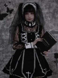 Gothic Lolita OP Dress Black Long Sleeves Lace Polyester Lolita One Piece Dress Outfit -AYA Cosplay Shop 20211118152408751351