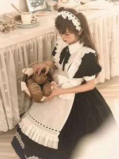 Classical Lolita OP Dress 2-Piece Set Black Dress White Apron Ruffles Bows Color Block Bow Maid Dress -AYA Cosplay Shop 202111181806473344950