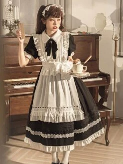 Classical Lolita OP Dress 2-Piece Set Black Dress White Apron Ruffles Bows Color Block Bow Maid Dress