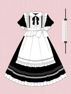 Classical Lolita OP Dress 2-Piece Set Black Dress White Apron Ruffles Bows Color Block Bow Maid Dress -AYA Cosplay Shop 202111181806480107867