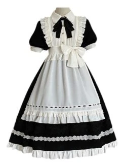 Classical Lolita OP Dress 2-Piece Set Black Dress White Apron Ruffles Bows Color Block Bow Maid Dress -AYA Cosplay Shop 202111181806483374783