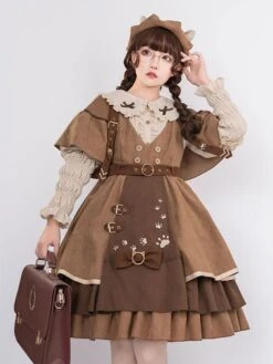 Classical Lolita JSK Dress 6-Piece Set Light Brown Steampunk Lolita Jumper Skirt Outfit