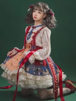 JSK Sweet Lolita JSK Dress Tie 2-Piece Set Christmas Burgundy Polyester Sleeveless Lolita Jumper Skirt Outfit -AYA Cosplay Shop 202111191550402727894