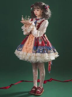 JSK Sweet Lolita JSK Dress Tie 2-Piece Set Christmas Burgundy Polyester Sleeveless Lolita Jumper Skirt Outfit -AYA Cosplay Shop 202111191550406094996