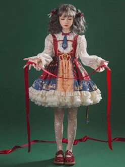 JSK Sweet Lolita JSK Dress Tie 2-Piece Set Christmas Burgundy Polyester Sleeveless Lolita Jumper Skirt Outfit