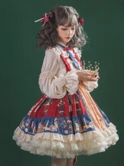 JSK Sweet Lolita JSK Dress Tie 2-Piece Set Christmas Burgundy Polyester Sleeveless Lolita Jumper Skirt Outfit -AYA Cosplay Shop 202111191551045976244