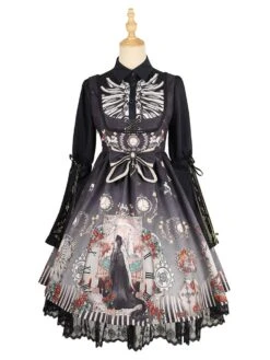 Gothic Lolita JSK Dress Bows Sleeveless Skeleton Pattern Black Lolita Jumper Skirt -AYA Cosplay Shop 202112021459234512628
