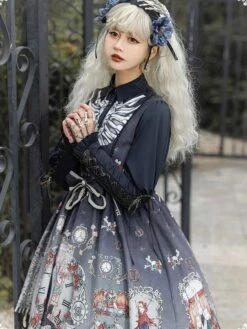Gothic Lolita JSK Dress Bows Sleeveless Skeleton Pattern Black Lolita Jumper Skirt -AYA Cosplay Shop 202112021459240244349