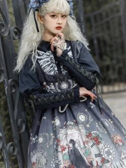 Gothic Lolita JSK Dress Bows Sleeveless Skeleton Pattern Black Lolita Jumper Skirt -AYA Cosplay Shop 202112021459243798022