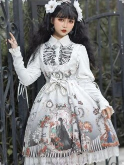 Gothic Lolita JSK Dress Bows Sleeveless Skeleton Pattern Black Lolita Jumper Skirt -AYA Cosplay Shop 202112021459248106944