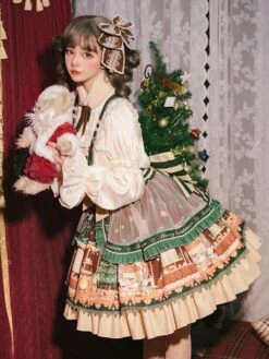 Sweet Lolita JSK Dress 4-Piece Set Polyester Sleeveless Christmas Lolita Jumper Skirt Outfit -AYA Cosplay Shop 202112061541364066962