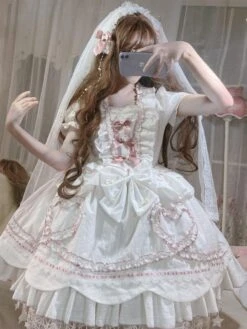 Sweet Lolita OP Dress Wedding Dress Removable Sleeves Polyester Ruffles Lace Bows White Hime Lolita One Piece Dress -AYA Cosplay Shop 20211216132611795589