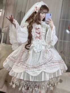 Sweet Lolita OP Dress Wedding Dress Removable Sleeves Polyester Ruffles Lace Bows White Hime Lolita One Piece Dress