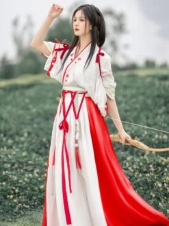 Chinese Style Lolita Dress 2-Piece Set Red White Long Sleeves Floral Printed Polyester Long Lolita Dress Outfit -AYA Cosplay Shop 202112291146541431968