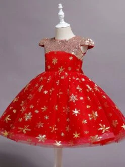 Kids Dress Jewel Neck Cotton Blend Knee Length Sleeveless Princess Silhouette Sequins Kids Social Party Flower Girl Dress -AYA Cosplay Shop 202112291427454529218