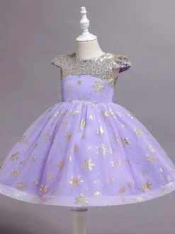 Kids Dress Jewel Neck Cotton Blend Knee Length Sleeveless Princess Silhouette Sequins Kids Social Party Flower Girl Dress -AYA Cosplay Shop 202112291427464812522