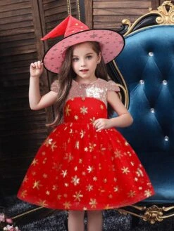 Kids Dress Jewel Neck Cotton Blend Knee Length Sleeveless Princess Silhouette Sequins Kids Social Party Flower Girl Dress -AYA Cosplay Shop 202112291427474457663