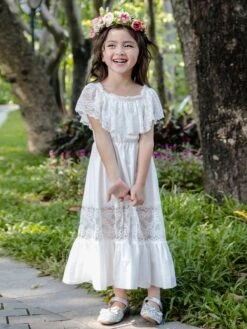 Kids Dress Social Party Lace Bateau Neck Sleeveless Ivory Flower Girl Dresses
