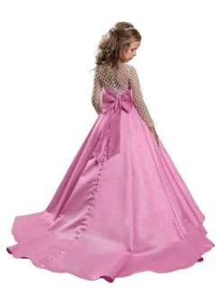 Kids Dress Train A-Line Bows Jewel Neck Long Sleeves Peach Kids Social Party Flower Girl Dress -AYA Cosplay Shop 202201061404538299706