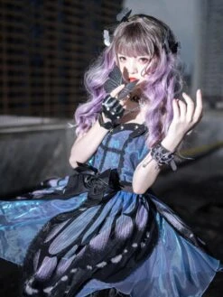 Punk Gothic Lolita JSK Dress Butterfly Sleeveless Bows Blue Lolita Jumper Skirt -AYA Cosplay Shop 202201191314304057447