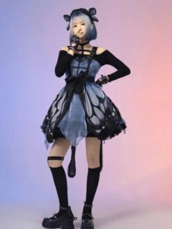 Punk Gothic Lolita JSK Dress Butterfly Sleeveless Bows Blue Lolita Jumper Skirt -AYA Cosplay Shop 202201191314307211511