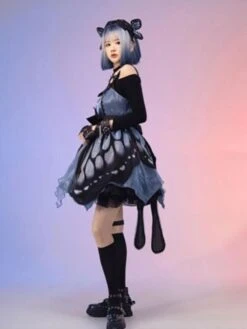 Punk Gothic Lolita JSK Dress Butterfly Sleeveless Bows Blue Lolita Jumper Skirt -AYA Cosplay Shop 202201191314313043311