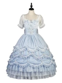 Sweet Lolita OP Dress Polyester Short Sleeves Light Blue Sweet Lolita One Piece Dress -AYA Cosplay Shop 202201191314435819596