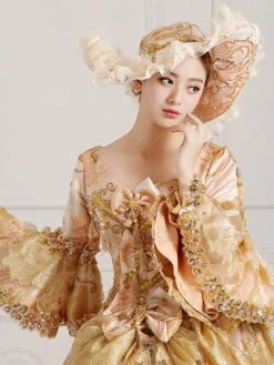 Rococo Victorian Dress Prom Dress Floral Print Lace 3/4-Length Sleeve Deep Apricot Classical Lolita Dress -AYA Cosplay Shop 202202101503148101563