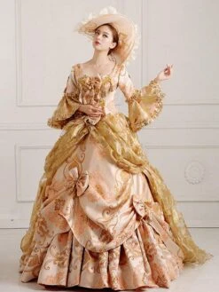 Rococo Victorian Dress Prom Dress Floral Print Lace 3/4-Length Sleeve Deep Apricot Classical Lolita Dress -AYA Cosplay Shop 202202101503155918735