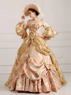Rococo Victorian Dress Prom Dress Floral Print Lace 3/4-Length Sleeve Deep Apricot Classical Lolita Dress -AYA Cosplay Shop 20220210150315943639