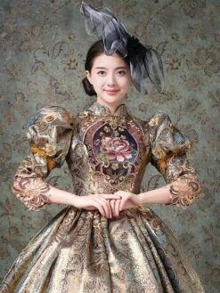 Rococo Victorian Dress Prom Dress Chinese Style Floral Print Lace 3/4-Length Sleeve Champagne Classical Lolita Dress -AYA Cosplay Shop 202202101503170486681