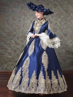 Rococo Victorian Dress Prom Dress Lace Long Sleeve Blue Classical Lolita Dress -AYA Cosplay Shop 202202101503265041436