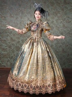 Rococo Victorian Dress Prom Dress Chinese Style Floral Print Lace 3/4-Length Sleeve Champagne Classical Lolita Dress -AYA Cosplay Shop 202202101503277091396