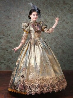 Rococo Victorian Dress Prom Dress Chinese Style Floral Print Lace 3/4-Length Sleeve Champagne Classical Lolita Dress -AYA Cosplay Shop 202202101503284793192