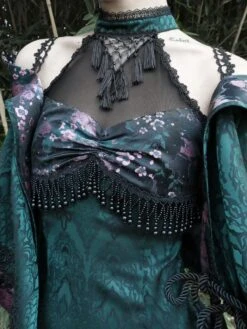 Gothic Lolita JSK Dress Fringe Lace Color Floral Print Sleeveless Dark Green Lolita Jumper Skirts -AYA Cosplay Shop 202202141544572111266