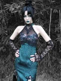 Gothic Lolita JSK Dress Fringe Lace Color Floral Print Sleeveless Dark Green Lolita Jumper Skirts -AYA Cosplay Shop 202202141544579393752